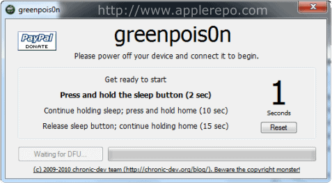 DFU mode 1 Step by Step Guide in Jailbreaking iPhone 3GS and iPhone 4 Using Greenpois0n